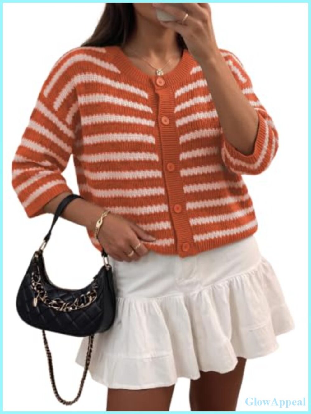 Women's Striped Knit Crochet Cardigan 3/4 Sleeve Casual Button Down Sweater